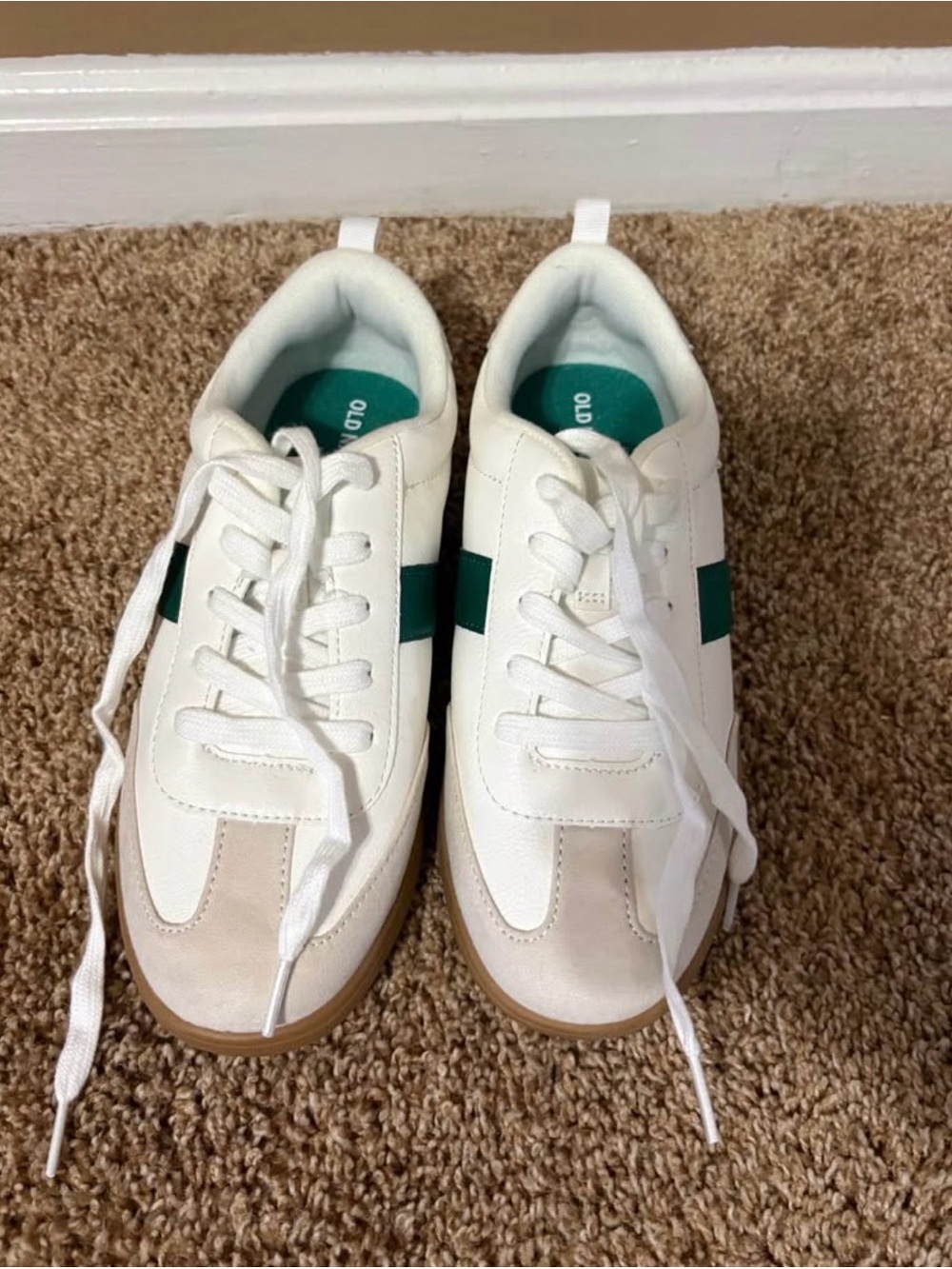 Old Navy. White Sneakers with Green Side Stripe and Gum Sole - Picture 2 of 2